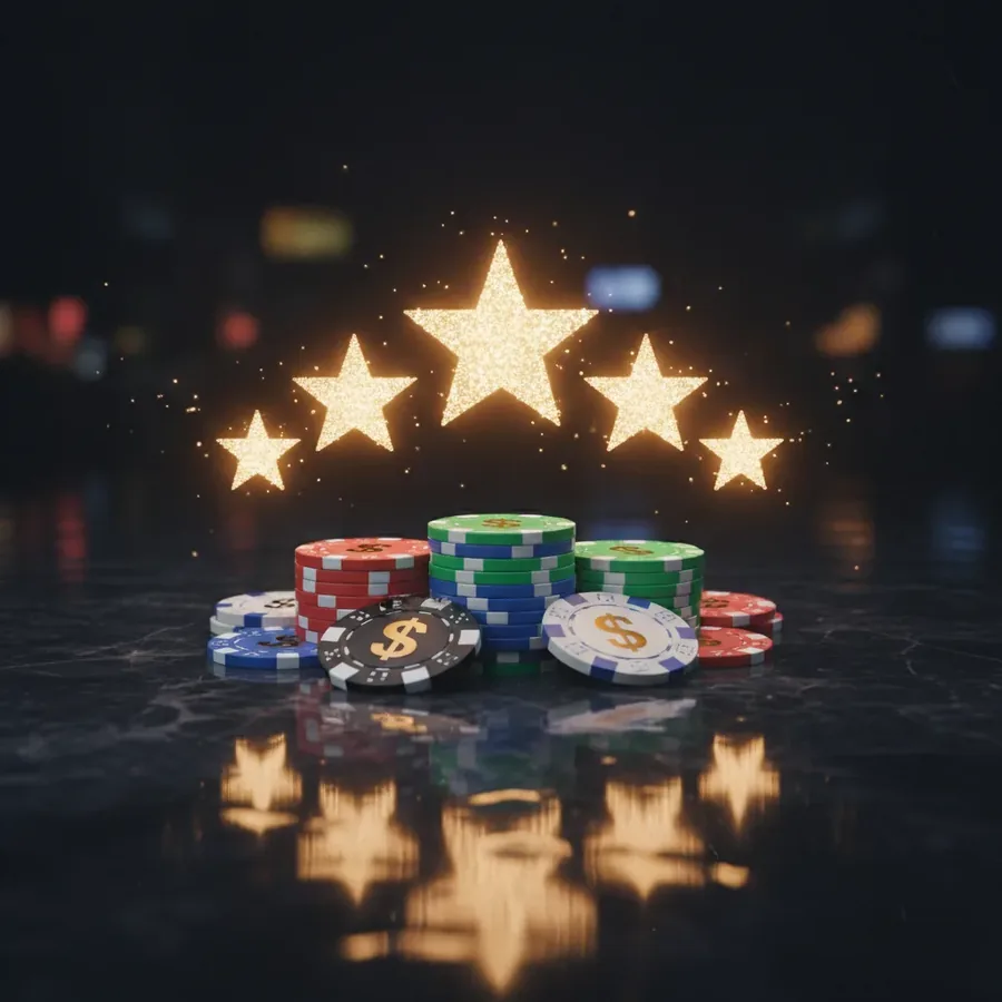 Five glowing golden stars above casino chips